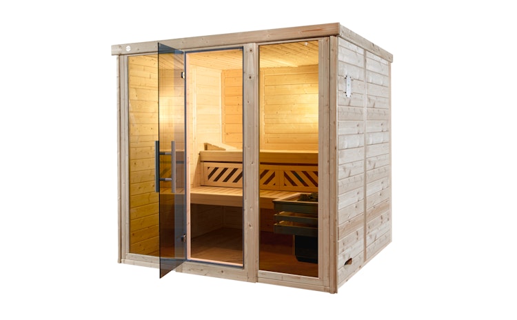 Weka Premium Massivholz-Elementsauna Kemi Panorama 3 mit Glastür+2 Fenster und Sternenhimmel - 45 mm