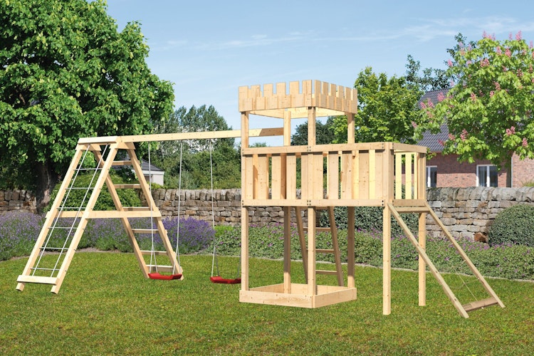 Akubi Kinderspielturm Ritterburg Löwenherz inkl. Doppelschaukelanbau, Klettergerüst, Anbauplattform und Netzrampe