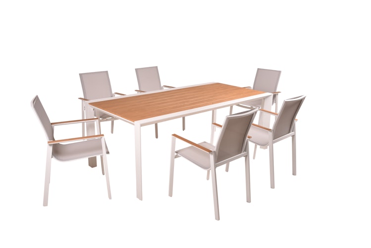 Garden Pleasure Gartenmöbel Set VENICE 02, Tisch 200 x 100 + 6 Stapelssessel, Alu Weiß / Nonwood Teak-Optik / Kunststoffgewebe Hellgrau