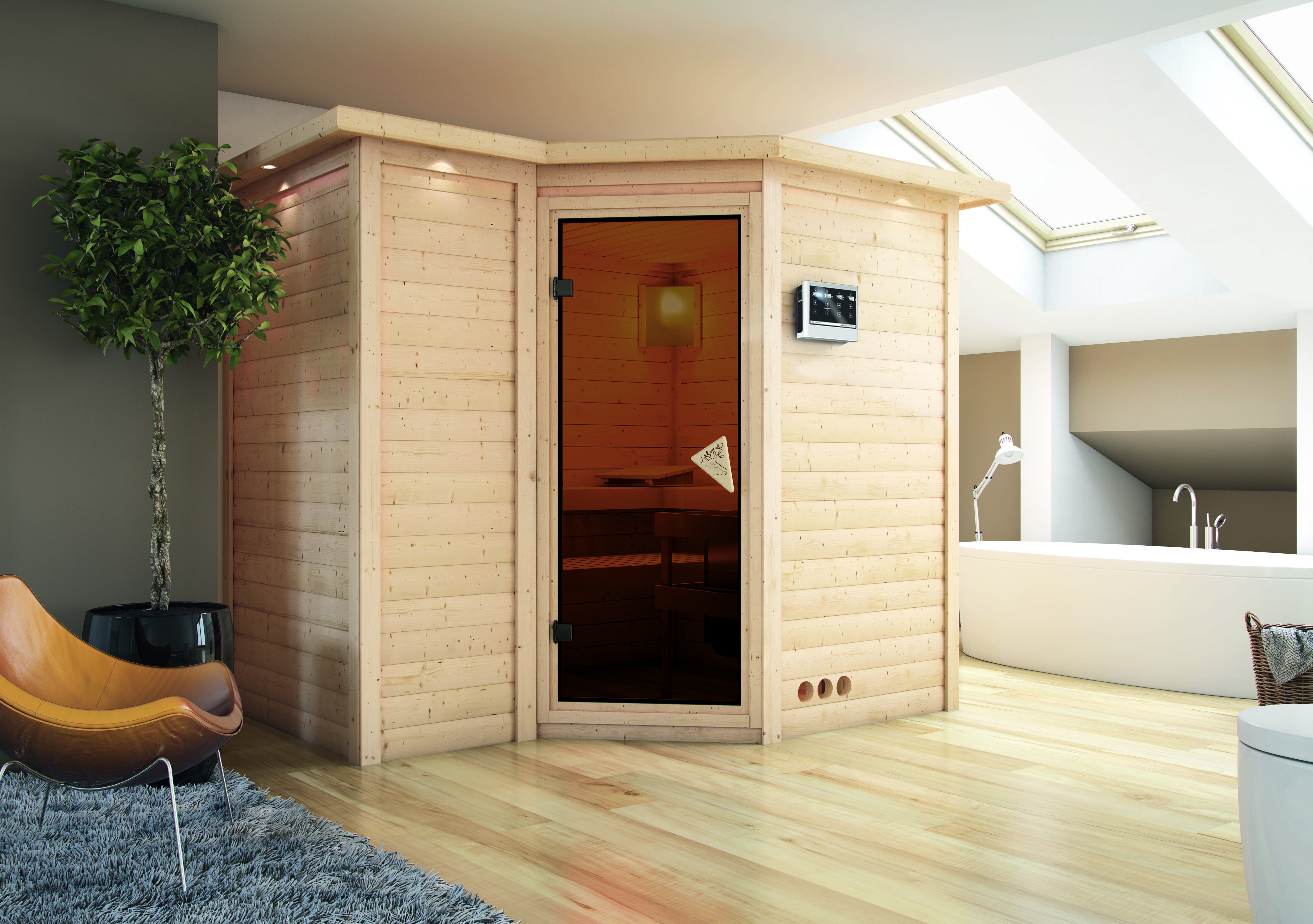 Karibu Sauna Sahib 2-Massivholzsauna 38 mm -Eckeinstieg - Exklusivoptik inkl. 9-teiligem Gratis-Zubehörpaket im Wert von 137,95 €