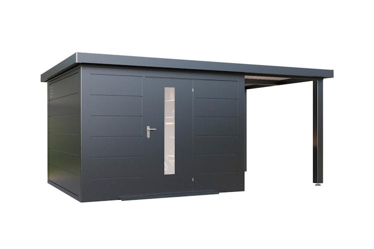 Wolff Finnhaus Premium Metall Gartenhaus Thorin 5424 Anthrazit inkl. 240 cm Anbaudach