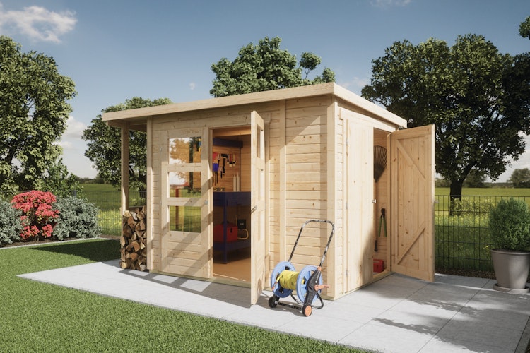 Karibu Multifunktionshaus Pultdach-Gartenhaus inkl. Schleppdach und Anbauschrank - 19 mm