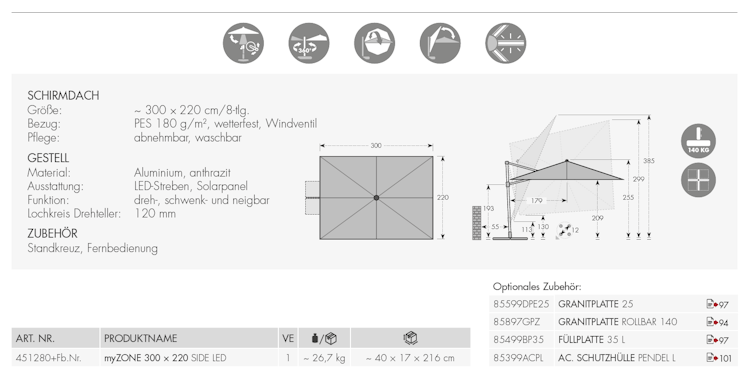 doppler Pendelschirm myZONE 300 x 220 LED, Aluminium Anthrazit / 100 % Polyester 180 g/m²