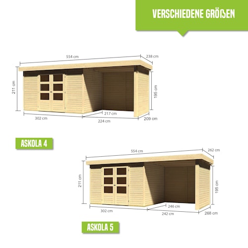 Karibu Woodfeeling Gartenhaus Askola 2/3/3,5/4/5 m. 240 cm Schleppdach/Seiten- und Rückwand in Lamellenoptik