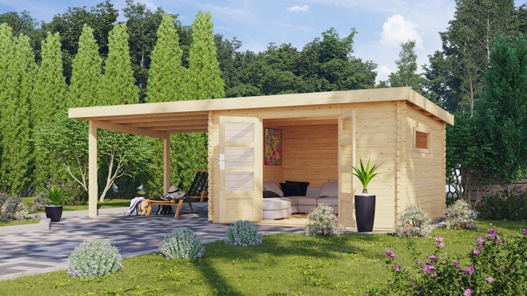 Karibu Woodfeeling Gartenhaus Trittau 3/4/5 inkl. 300 cm Anbaudach - 38 mm