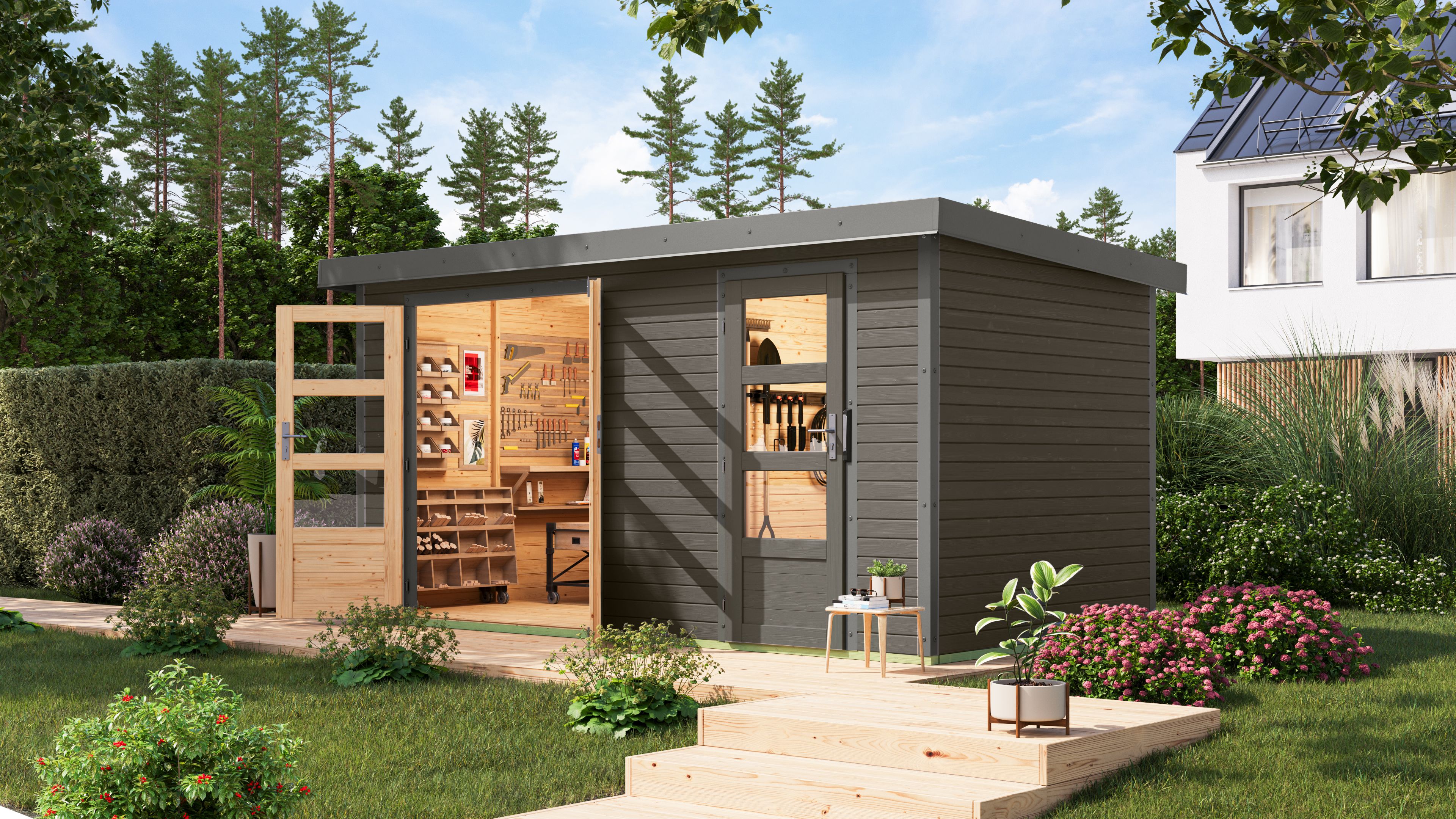 Karibu Metall-Holzgartenhaus Hybridhaus Merkur A/B/C/D - 19 mm/0,5 mm - Mittelwandhaus