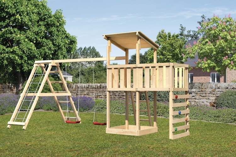 Akubi Kinderspielturm Anna mit Pultdach inkl. Kletterwand, Anbauplattform, Doppelschaukel und Klettergerüst