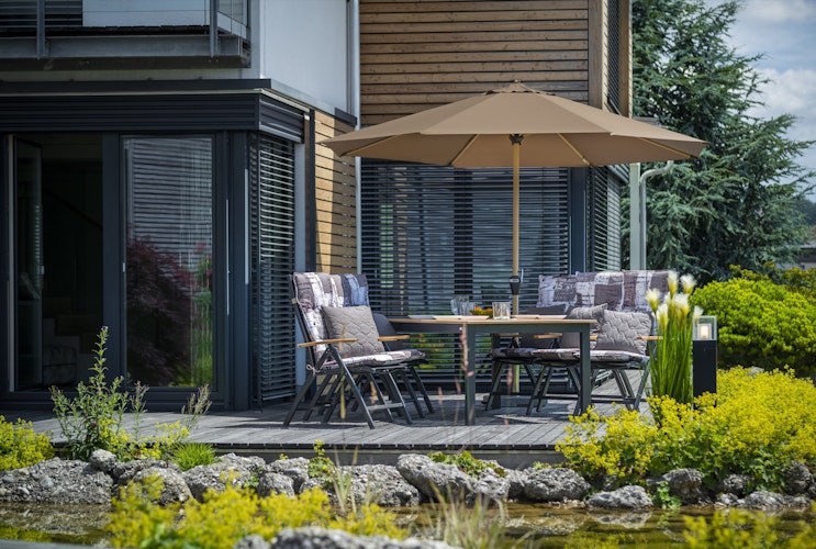 doppler Mittelmastschirm ALU WOOD 350, Aluminium Esche-Optik / 100 % Polyester 180 g/m²