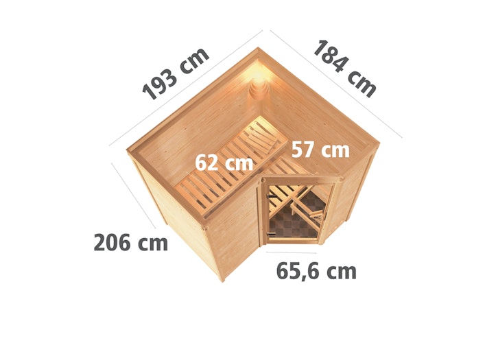 Karibu Sauna Sahib 1-Massivholzsauna 38 mm-Fronteinstieg -Exklusivoptik inkl. gratis Sauna-Zubehörset im Wert von 234,94 €