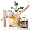 Vorschaubild Liebenstein 7-teiliges Premium-Komplettset – Kiefernholz Saunaeimer mit Kelle, 3 x Sauna-Aufguss, Sanduhr & Hygro-/Thermometer