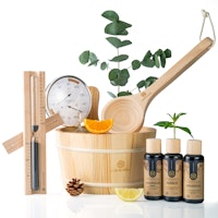Liebenstein 7-teiliges Premium-Komplettset – Kiefernholz Saunaeimer mit Kelle, 3 x Sauna-Aufguss, Sanduhr & Hygro-/Thermometer