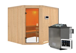 Karibu Woodfeeling Sauna Horna - 68 mm Aktionssauna Bronzierte Ganzglastür Ohne Dachkranz 9 kW Bio-Kombiofen inkl. Steuergerät inkl. gratis Saunaofen im Wert von 599,99 €
