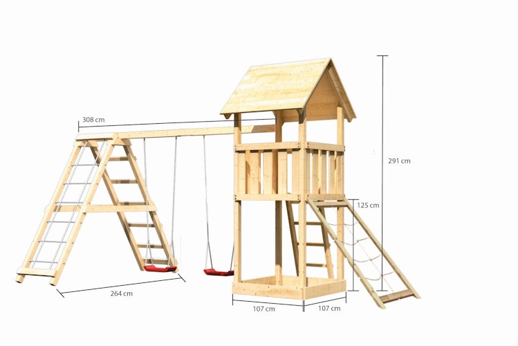 Akubi Kinderspielturm Lotti inkl. Doppelschaukel, Klettergerüst und Netzrampe