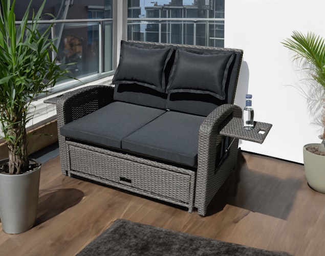 Garden Pleasure Funktionssofa NIZZA, Polyrattan Braun / Kissen 100 % Polyester Schwarz