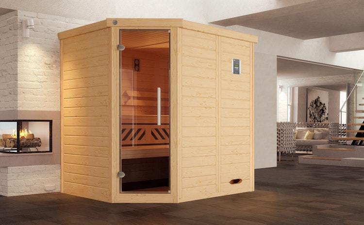 Weka Premium Massivholz-Elementsauna Kemi Eck mit Glastür inkl. Komfortpaket - 45 mm