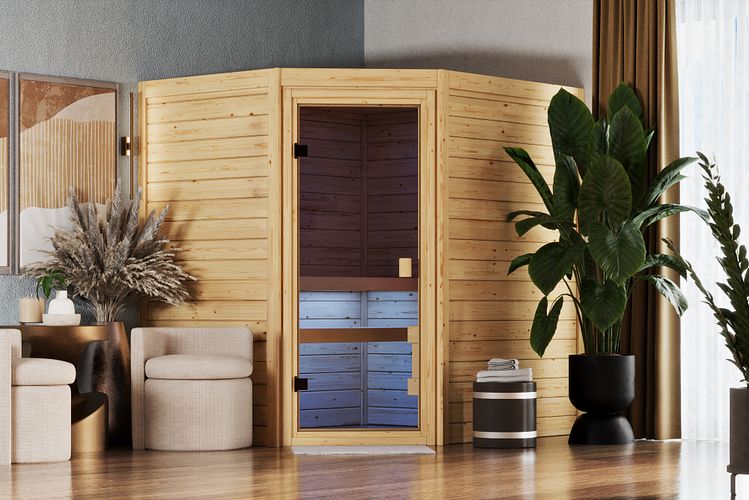 Karibu Sauna Espoo (Eckeinstieg) - 28 mm Massivholz Aktionssauna