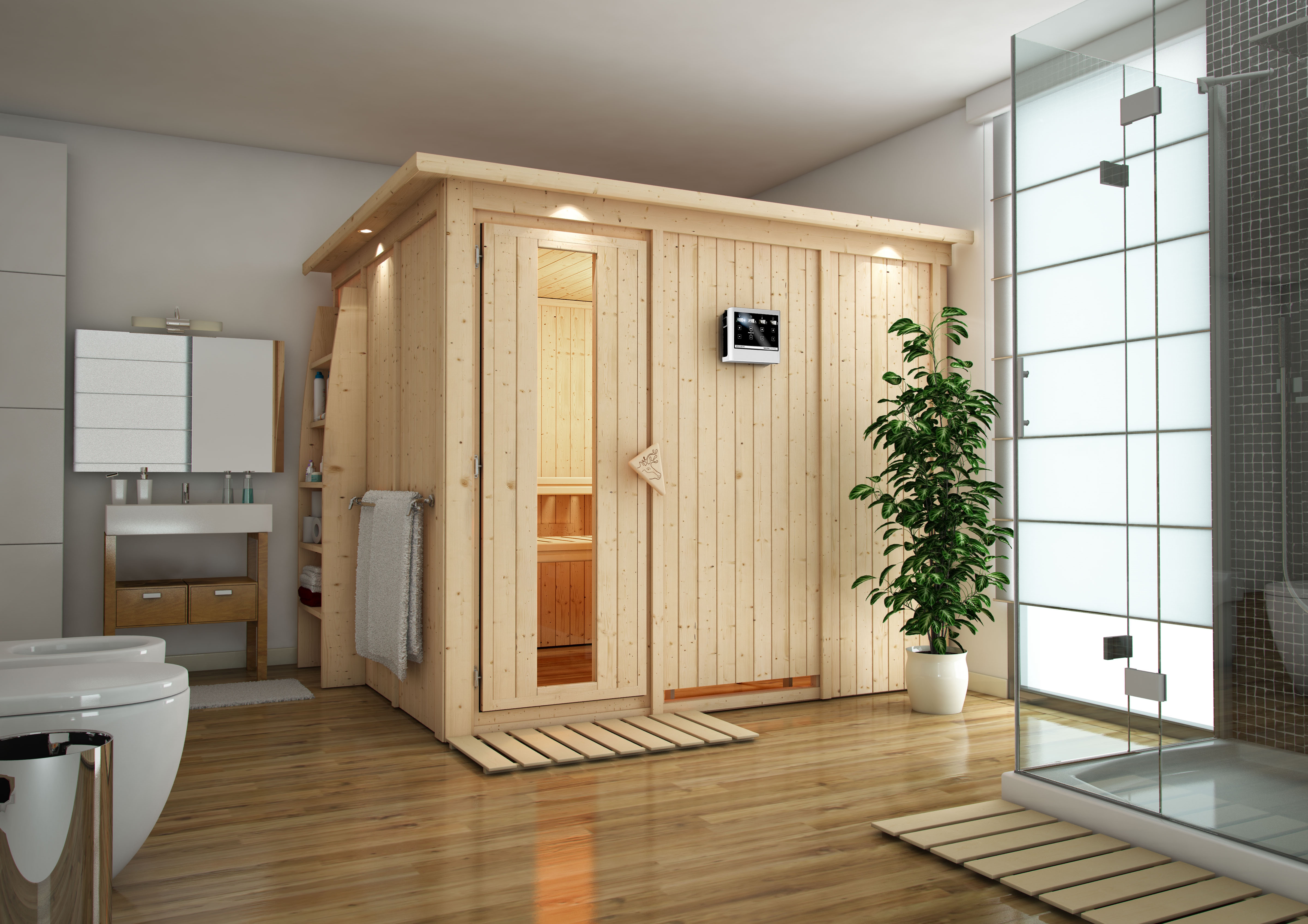 Karibu Sauna Gobin mit Fronteinstieg 68 mm inkl. gratis Sauna-Zubehörset im Wert von 234,94 €