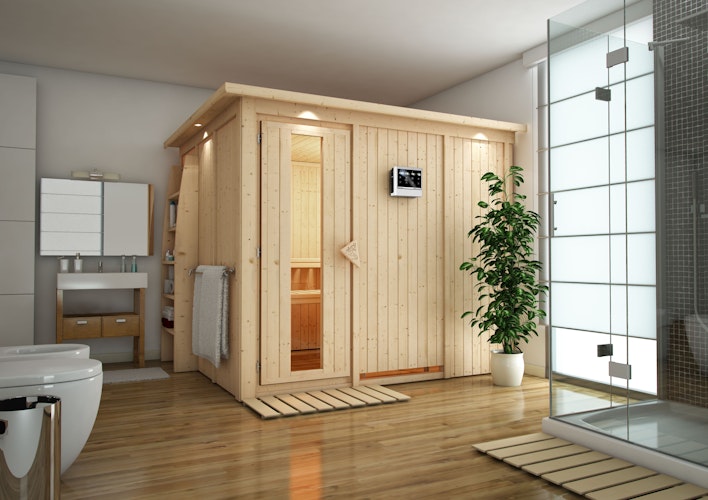 Karibu Sauna Gobin mit Fronteinstieg 68 mm inkl. gratis Sauna-Zubehörset im Wert von 234,94 €