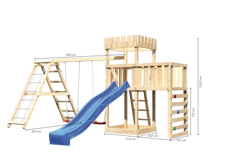 Akubi Kinderspielturm Ritterburg Löwenherz inkl. Wellenrutsche, Kletterwand, Anbauplattform, Doppelschaukelanbau und Klettergerüst