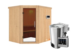 Karibu Sauna Lilja - 68 mm Systemsauna - 230 Volt Plug & Play-3,6kW Plug&Play Bio-Kombiofen externer Steuerung Easy-Ohne Dachkranz-Ganzglastür in Graphit-Optik inkl. 10-teiligem gratis Saunaset im Wert von 232,94 €