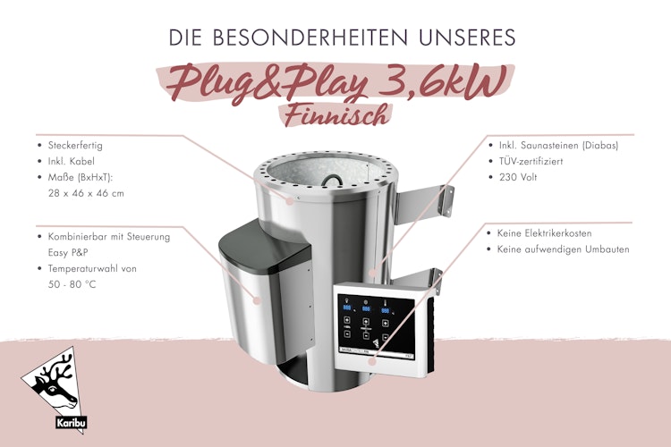 Karibu Saunaofen 3,6 kW Plug & Play finnisch mit externer Steuerung Easy weiß