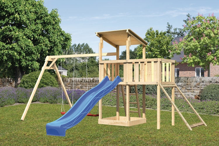 Akubi Kinderspielturm Anna mit Pultdach inkl. Doppelschaukel, Anbauplattform, Wellenrutsche und Netzrampe
