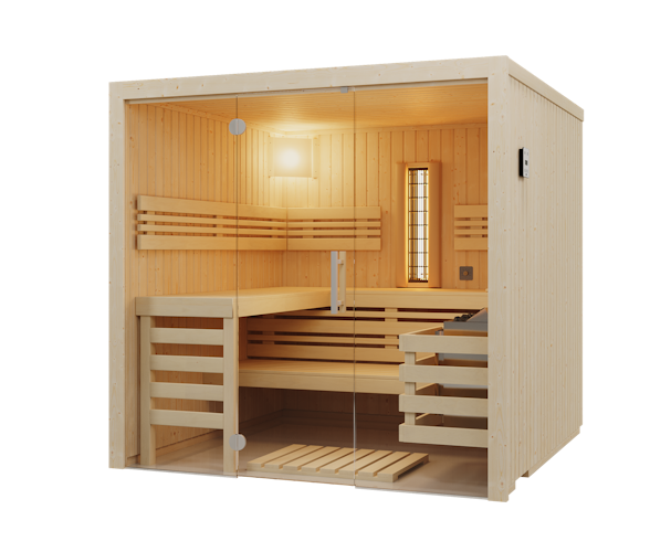 Abverkaufsmodell Infraworld Sauna Panorama Complete 208 Fichte - 75 mm Multifunktionssauna inkl. 5-teiligem gratis Zubehörset