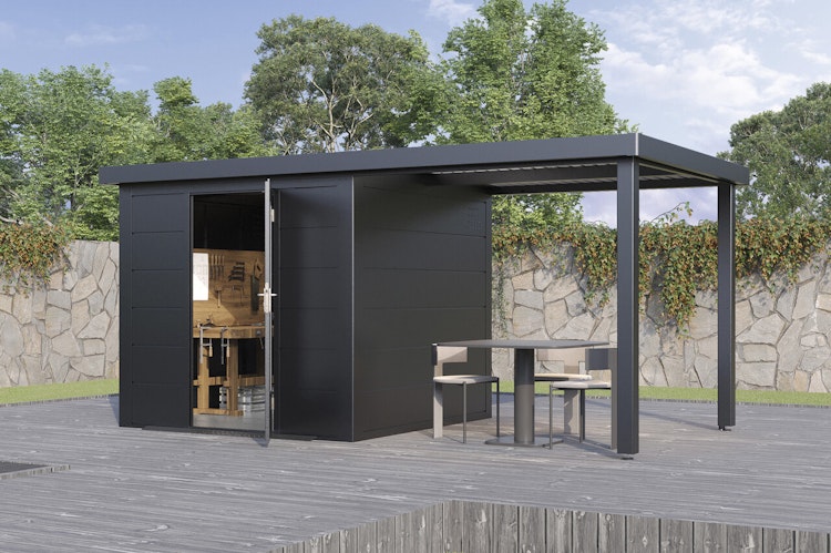 Wolff Finnhaus Premium Metall Gartenhaus Thorin 4824 Anthrazit inkl. 240 cm Anbaudach