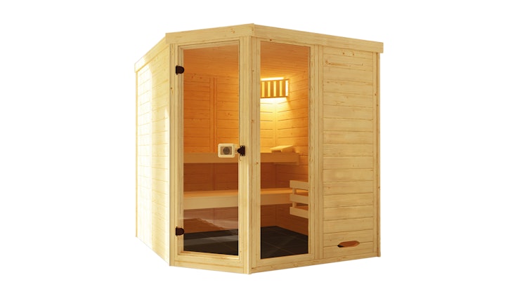 Weka Massivholz-Elementsauna Laukkala 3 mit Glastür+Fenster - 38 mm mit Eckeinstieg