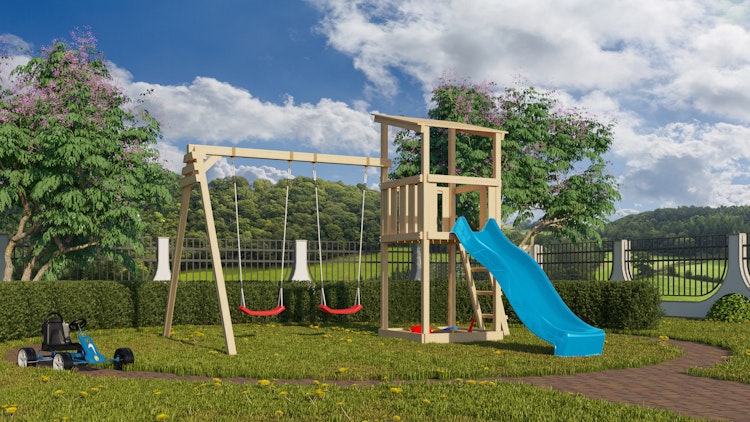 Akubi Kinderspielturm Anna mit Pultdach inkl. Wellenrutsche und Doppelschaukel