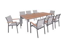 Garden Pleasure Gartenmöbel Set SILEA 03, Tisch 208 x 100 + 8 Stapelsessel, Alu Anthrazit / Nonwood Teak-Optik / Kunststoffgewebe Grau
