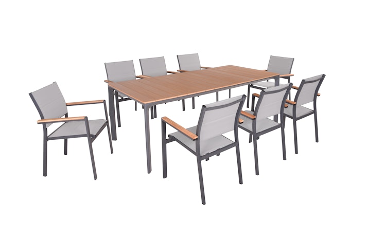 Garden Pleasure Gartenmöbel Set SILEA 03, Tisch 208 x 100 + 8 Stapelsessel, Alu Anthrazit / Nonwood Teak-Optik / Kunststoffgewebe Grau