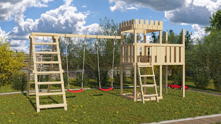 Akubi Kinderspielturm Ritterburg Löwenherz inkl. Anbauplattform, Doppelschaukelanbau und Klettergerüst