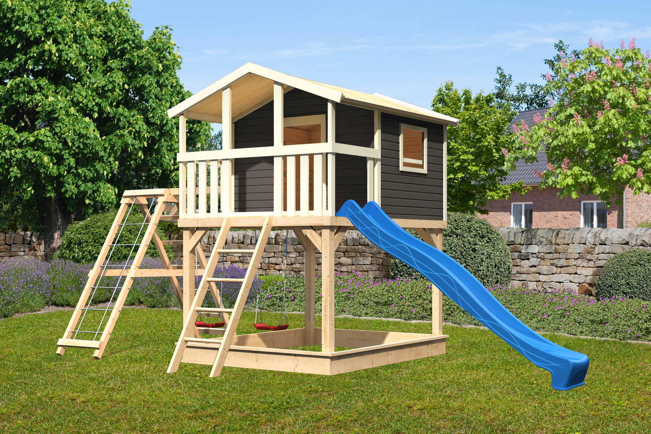 Akubi Kinderspielhaus Kinderspielgerät Benjamin inkl. Wellenrutsche und Doppelschaukelanbau mit Klettergerüst und Netzrampe