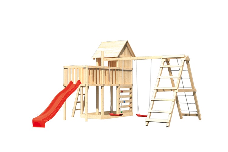 Akubi Stelzenhaus Frieda mit Wellenrutsche, Doppelschaukelanbau, Klettergerüst, Anbauplattform und Kletterwand