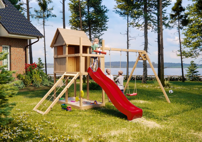 Akubi Stelzenhaus Frieda mit Wellenrutsche, Doppelschaukelanbau und Netzrampe