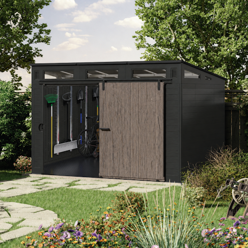 Suncast Kunststoff-Gerätehaus Modernist mit Schiebetür – stahlverstärkt (Woodland)