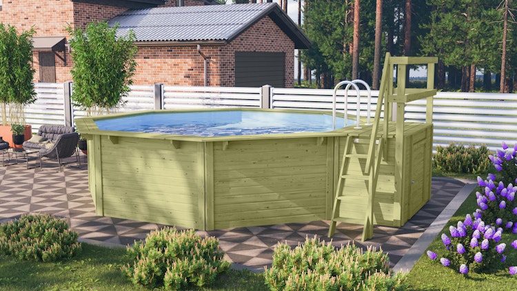 Karibu Pool Modell X2 470 x 470 cm mit Terrasse - kesseldruckimprägniert mit Metallecken