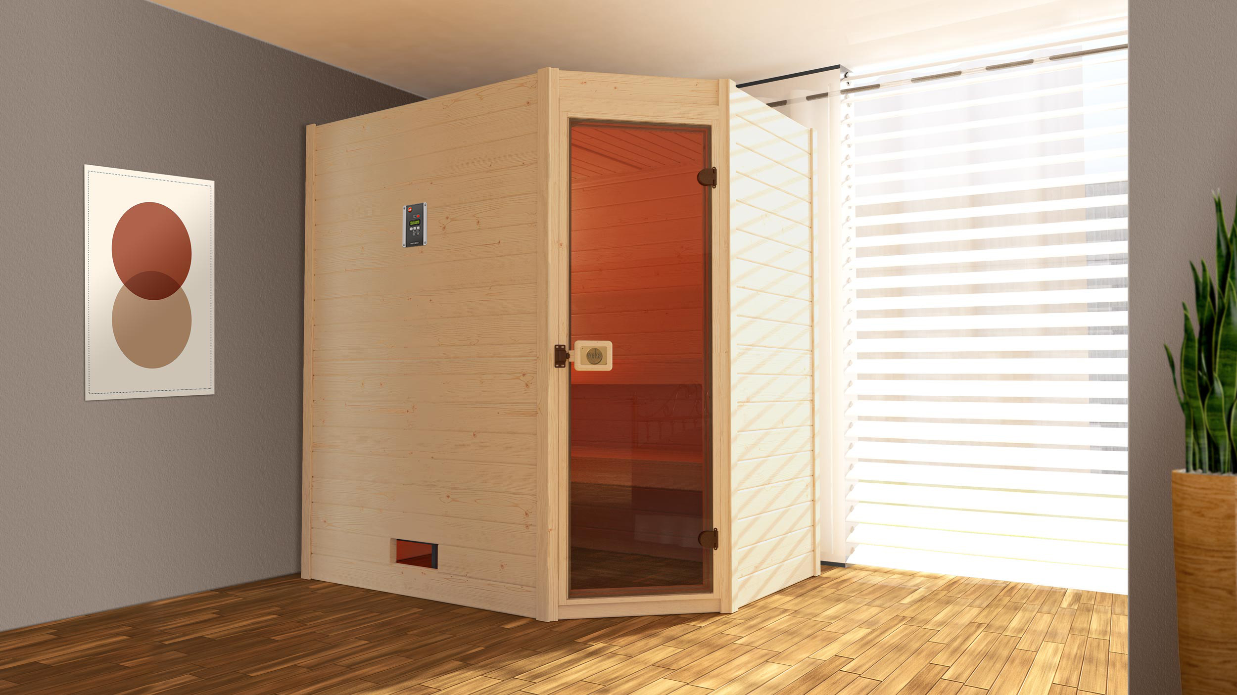 Weka Sauna Valida Eck 1 mit Glastür/Fenster- Massivholzsauna 38 mm