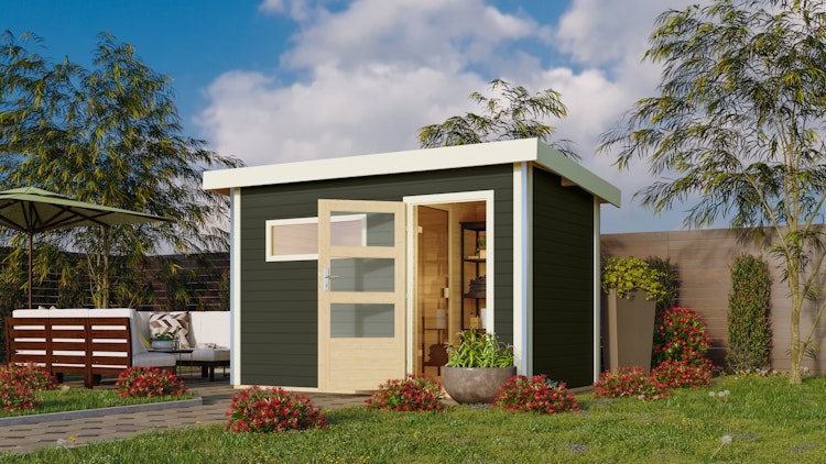 Karibu Gartensauna Pultdach Saunahaus Skrollan 1 mit Vorraum terragrau inkl. gratis Sauna-Zubehörset im Wert von 234,94 €
