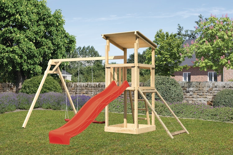 Akubi Kinderspielturm Anna mit Pultdach inkl. Wellenrutsche, Netzrampe und Doppelschaukel