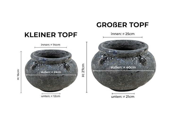 Vosteen Design Blumentopf / Pflanzgefäß Terrakotta schwarz 2er Set ø 23 cm x H 16 cm, 40 cm x H 27 cm