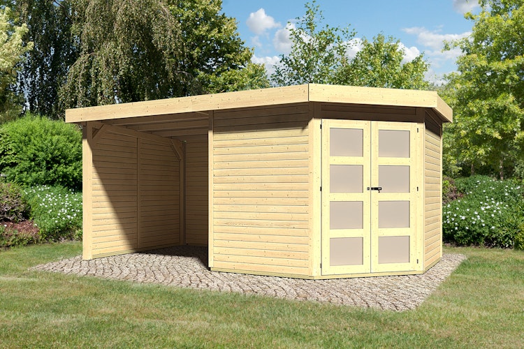 Karibu Gartenhaus Goldendorf 3/5 mit 240 cm Schleppdach + Seiten- und Rückwand - 19 mm