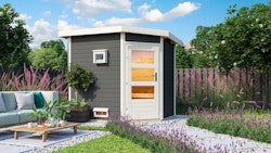 Karibu Gartensauna Pultdach Saunahaus Mikka mit Eckeinstieg terragrau inkl. gratis Saunaofen im Wert von 599,99 €