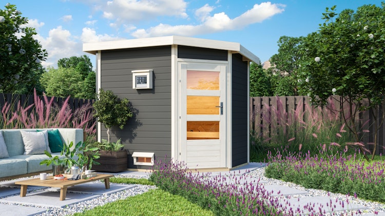 Karibu Gartensauna Pultdach Saunahaus Mikka mit Eckeinstieg terragrau inkl. gratis Sauna-Zubehörset im Wert von 234,94 €