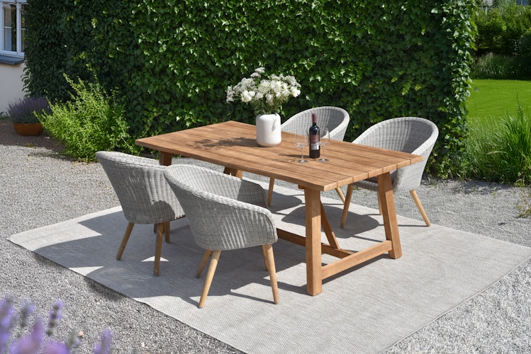 Garden Pleasure Gartenmöbel Set OAKLAND / ARVADA, Tisch 200 x 100 + 4 Sessel, Akazie / Polyrattan Pfeffergrau / Kissen 100 % Polyester Taupe