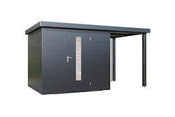 Wolff Finnhaus Premium Metall Gartenhaus Thorin 3924 Anthrazit inkl. 150 cm Anbaudach Lounge-Anbau rechts