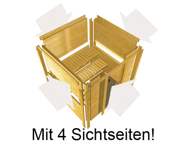 Karibu Sauna Amara-Massivholzsauna 38 mm -Eckeinstieg - Exklusivoptik inkl. gratis Sauna-Zubehörset im Wert von 234,94 €