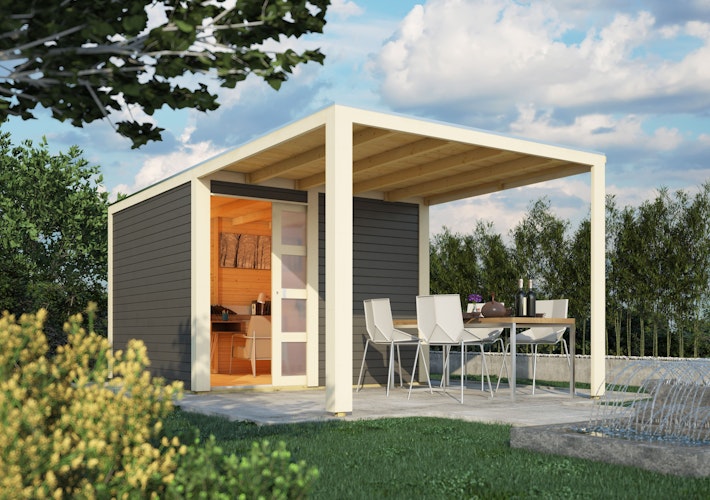 Karibu Gartenhaus Qubic 2 mit Schiebetür und 270 cm Anbaudach - 19 mm