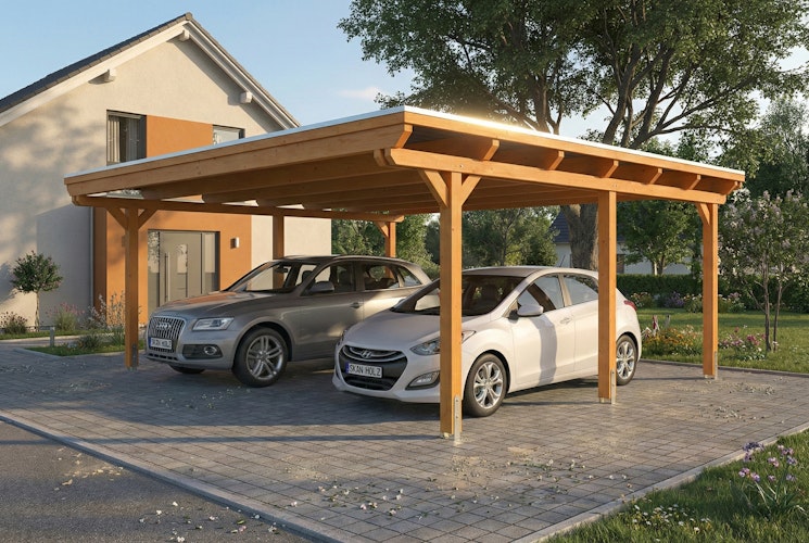 Skan Holz Emsland - Flachdach Doppelcarport aus Leimholz Breite 609 cm